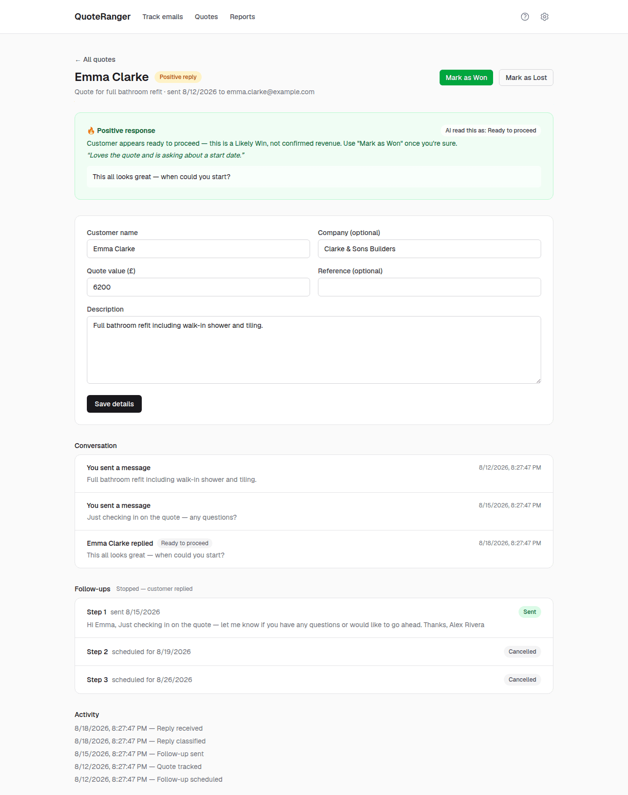 A quote detail page showing a positive customer reply, conversation history, and follow-up schedule